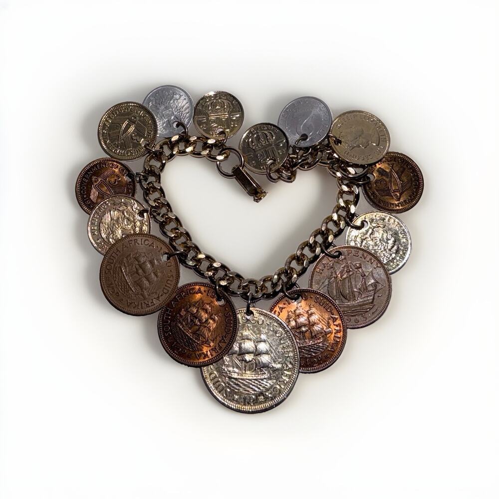 Mid-Century South Africa Travel Coin Charm Bracelet 6.5” Queen Elizabeth II